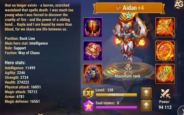 Aidan stats with Solar Skin, Hero Wars Alliance.
