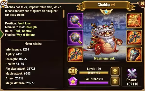Chabba Max stats Hero Wars Mobile