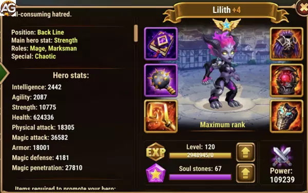 Lilith with demonic skin, Hero Wars Mobile.