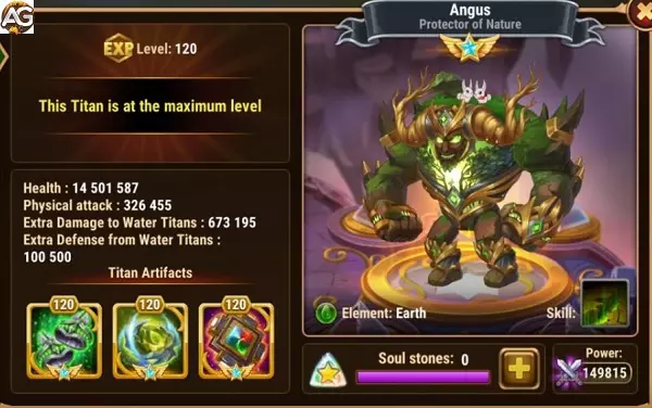 Angus Stats at Maximum Level, Hero Wars Alliance.