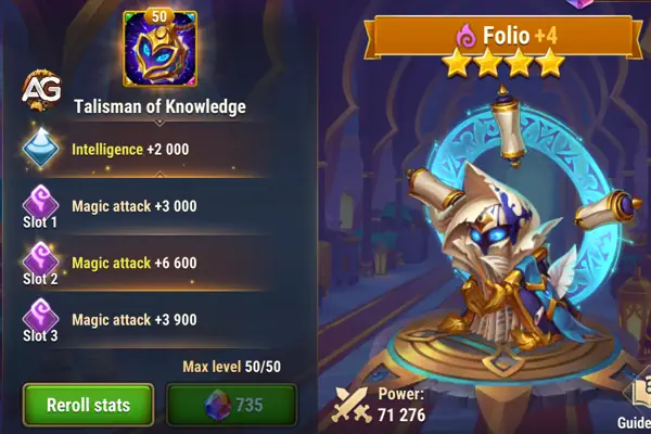 Fólio com Talismã do Conhecimento, Hero Wars Alliance.