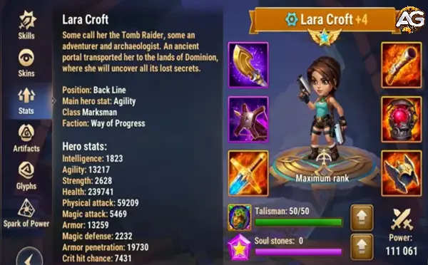 Lara max stats with default skin, Hero Wars Alliance.