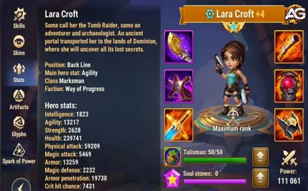 Estatísticas máximas da Lara com a skin padrão, Hero Wars Alliance.