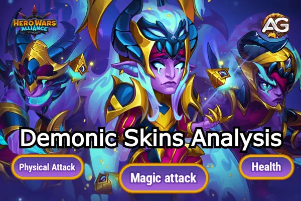 Ilustração das Estatísticas das Skins Demoníacas do jogo Hero Wars Alliance, desenvolvido pela Nexters. - Papel de Parede